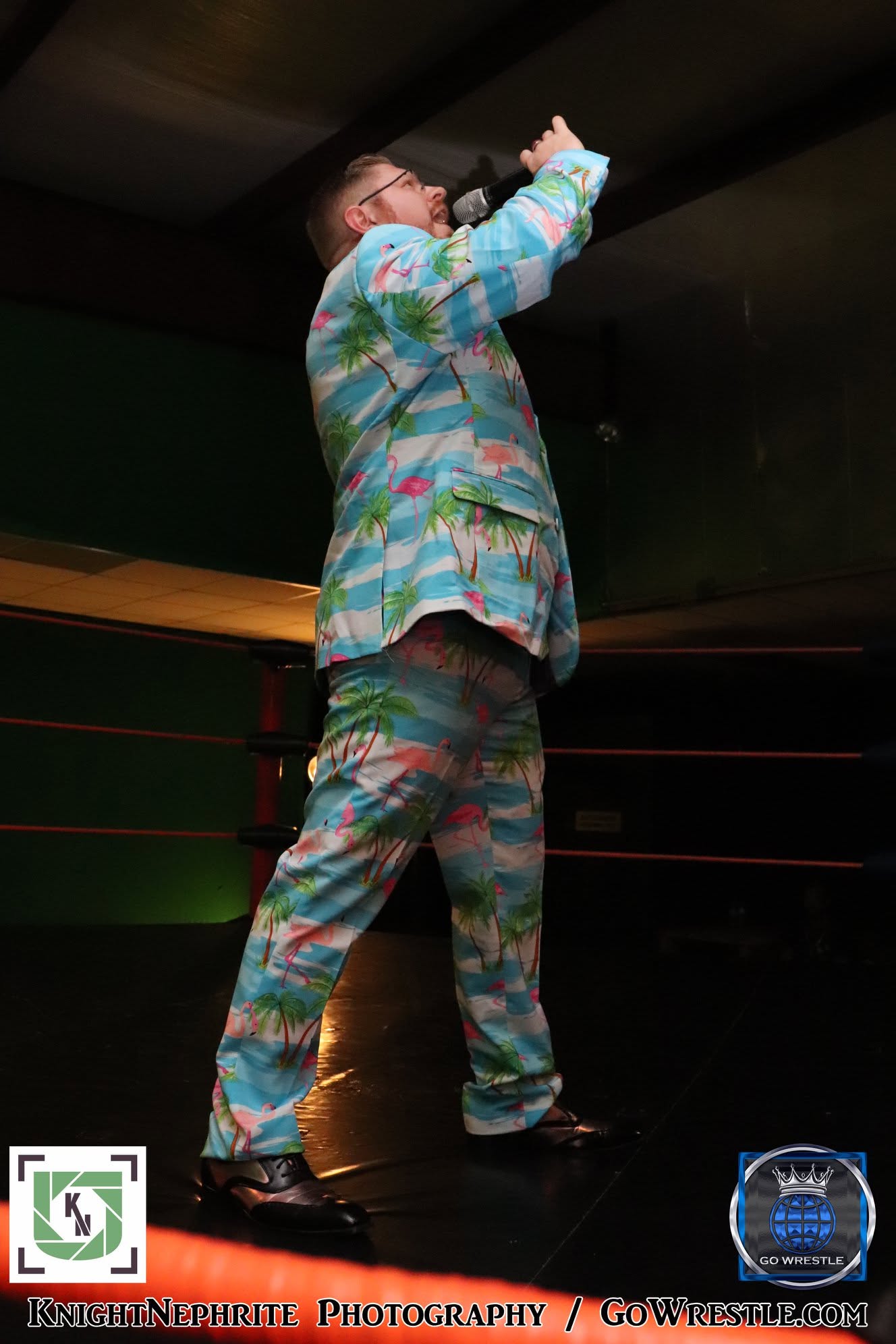 The Young Professor kicks off the show in the most tropical suit I've ever seen! — with The Young Professor at Go Wrestle.